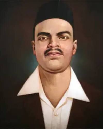 Painted portrait of Shivaram Rajguru in a black cap and brown jacket over a white open collar